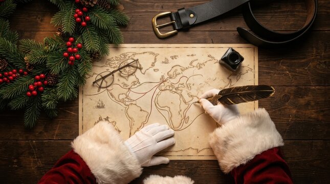 Santa's gloved hands trace route on vintage map with quill pen during festive overhead view