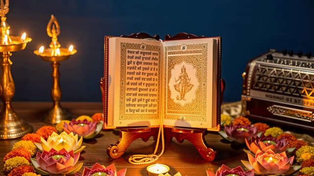 Sacred Holy Book Displayed With Glowing Lamps And Flowers During Religious Festival