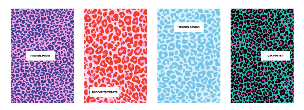Modern cover collection with Y2K leopard pattern. Trendy retro style posters set