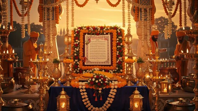 Religious celebration with decorated altar candles and devotees gathering at sunrise