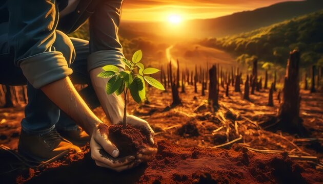 A breathtaking scene of a volunteer planting a young tree in a deforested area, with the golden sunset light creating a hopeful and inspiring atmosphere, Ai generated image