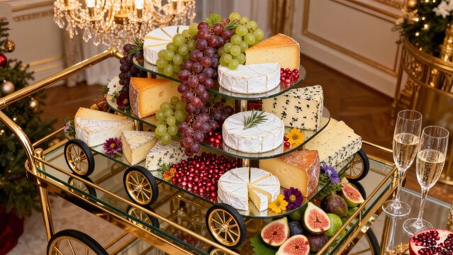 Luxurious multi-tiered cheese display with brie, Gouda, Camembert, and Stilton on brass serving cart