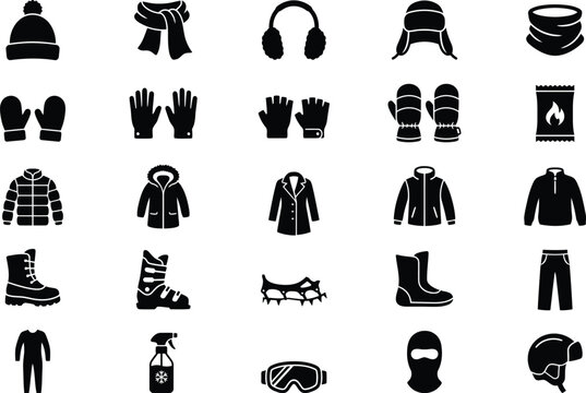 Winter Clothing Essentials and Cold Weather Gear Icons Set