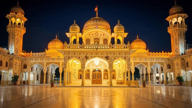 Majestic Illuminated Sikh Temple Exterior Architecture at Night with Glowing Domes and Courtyard