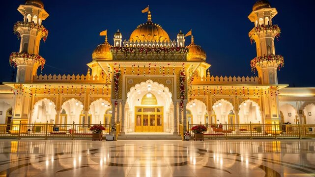 Illuminated Sikh temple exterior with golden domes and festive decorations at night