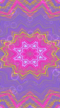 Abstract kaleidoscopic pattern with vibrant pink and purple geometric shapes and floating bubbles.
