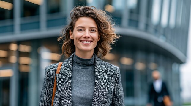 Smiling professional woman with wavy brown hair wearing grey textured coat poses confidently in front of a modern glass office