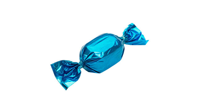 Sweet delicious blue wrapped candy confectionery treat isolated on plain background