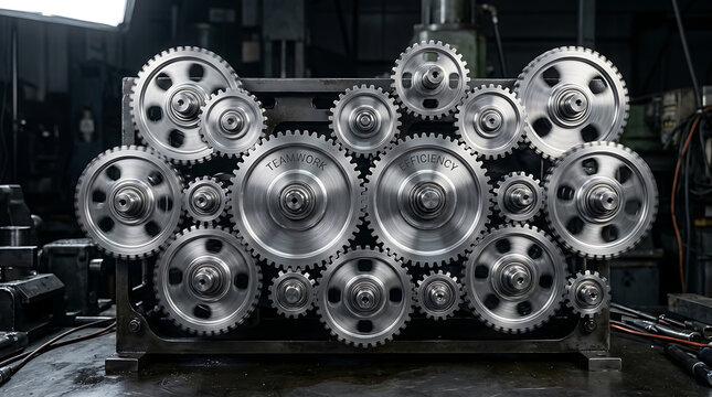 Interlocking industrial gears in motion with the words teamwork and efficiency etched onto the center wheels