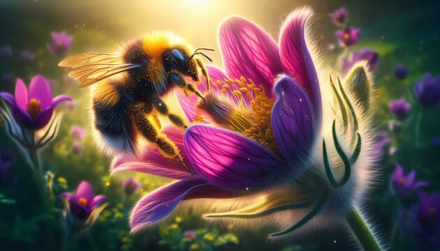 A beautiful, hyper-realistic close-up of a bumblebee pollinating a wildflower, Ai generated image