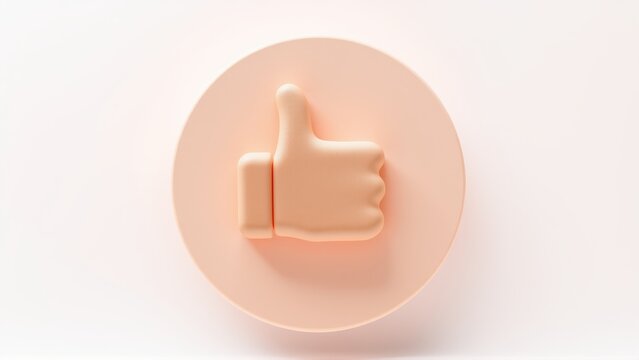 Peach colored thumbs up icon rests upon matching circular platform. Minimalist design, soft shadows create depth. Positive feedback symbol.