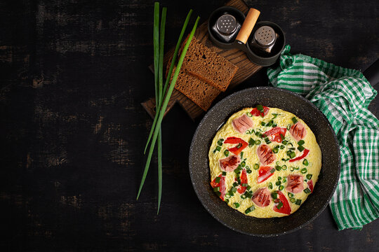 Healthy Protein Breakfast with Omelet and Rye Bread. Top view