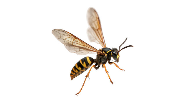 Detailed wildlife macro photograph of common wasp insect flying crawl element