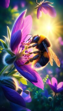 A beautiful, hyper-realistic close-up of a bumblebee pollinating a wildflower, Ai generated image