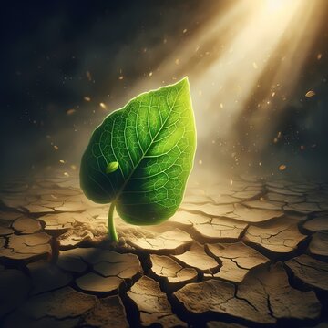 A powerful conceptual image of a single glowing green leaf emerging from a cracked, dry desert floor, symbolizing resilience and hope in the face of climate change, Ai generated image