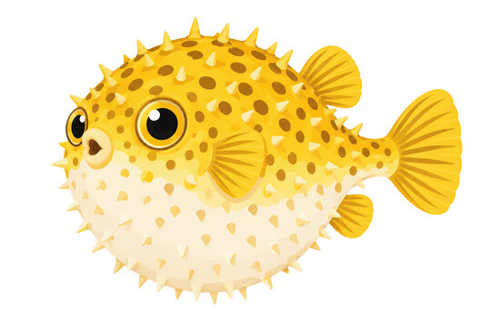Cute yellow pufferfish with spots and spines cartoon illustration