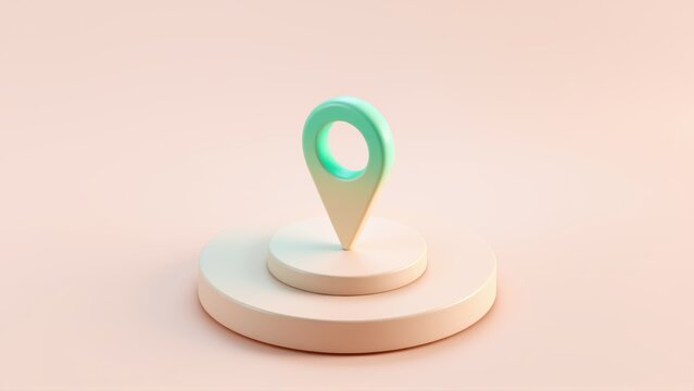 Minimalist map marker atop tiered platforms. Soft pastel colors create calm presentation. Simple geometry defines form.
