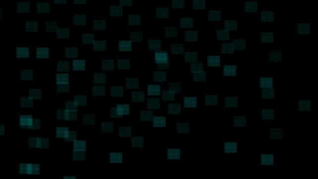Abstract teal grid squares fall smoothly down a black plane. Cascading digital matrix blocks animate the teal grid squares. Cyber data technology visuals fill these teal grid squares.