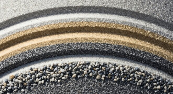 Macro view of layered sand, gravel and dark granular filtration media arranged in curved bands, showing different particle sizes, colors and textures in a water filter material sample