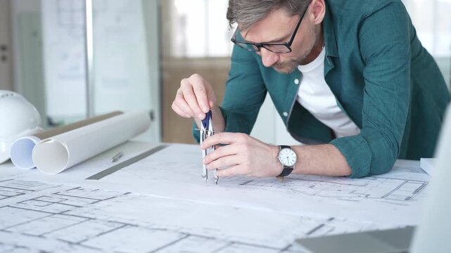 Architect working on blueprints, using a compass tool for precise engineering design and project planning. Architecture and business concept