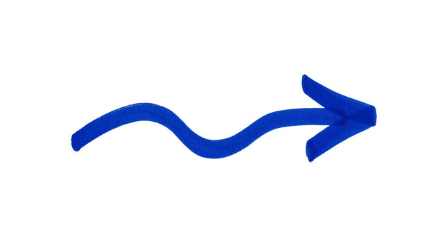Blue fuzzy pipe cleaner is bent into a wavy arrow shape pointing to the right against a gray background.