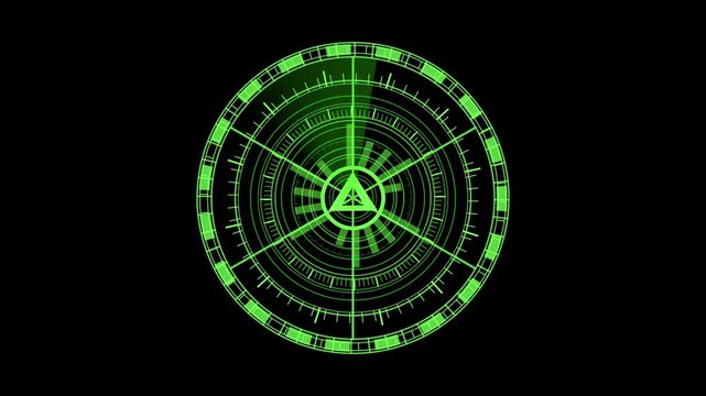 Green futuristic target reticle displays triangle telemetry marks. Precision aiming crosshairs guide the futuristic target reticle. High tech surveillance systems monitor this target reticle.