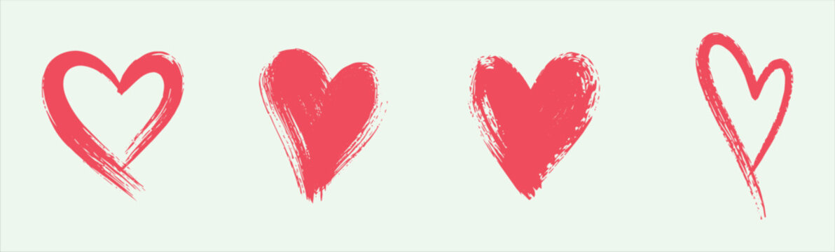 Hand drawn red brush heart icons collection.with Artistic Brush Stroke Style for romantic designs and wedding projects.