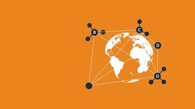 Stylized world globes with digital network nodes on orange background