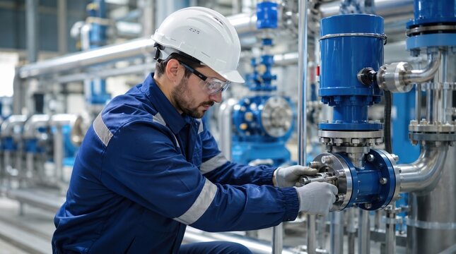 industrial technician adjusting a blue control valve on stainless steel piping while wearing hard hat, safety glasses and gloves