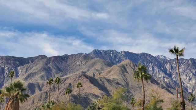 The mountains west of Palm Springs, California, where the aerial tramway operates. Desert climate on a cool January morning, with snow in the higher peaks.