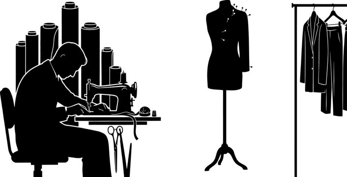 Silhouette of a tailor working at a sewing machine with fabric rolls, mannequin, and clothing rack on white background