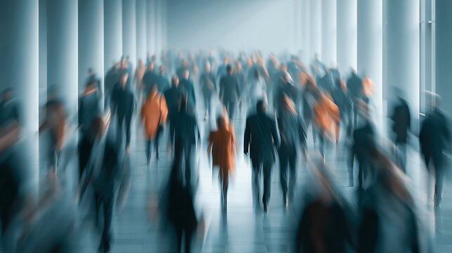 Blurred silhouettes of diverse business people walking through a bright modern hallway with tall white pillars in blue lighting