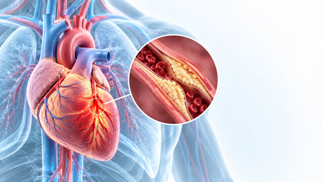 Coronary Artery Disease with Atherosclerotic Plaque Narrowing Blood Vessel, Medical Illustration
