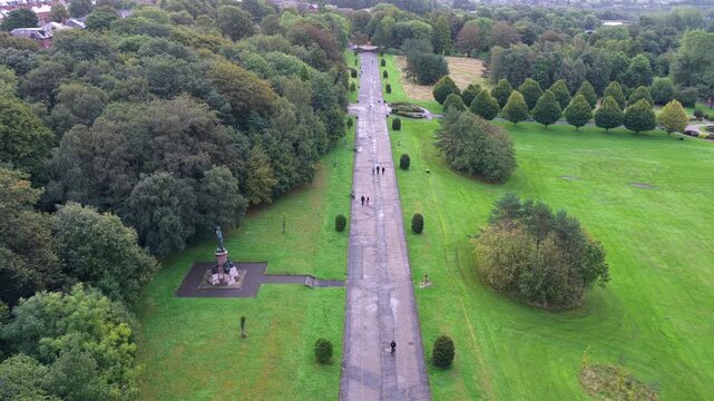 Aerial video of Alexandra Park Central Promenade and Expansive Lawns at Morning Dawn in Oldham, Greater Manchester. 