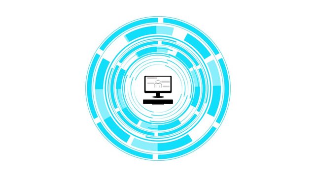 Circular interface displays a computer monitor icon on white. Digital hardware user interface telemetry powers the circular interface. Modern technology control screens guide this circular interface.