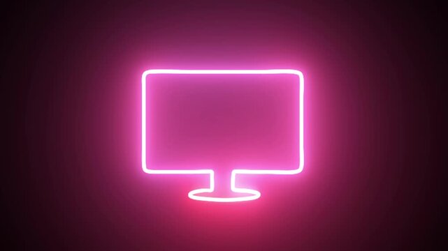 Glowing neon outline of a computer monitor shines on dark. Digital desktop workstation screens shape the computer monitor. Modern technology display graphics frame the computer monitor.