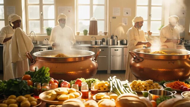 Volunteers cooking communal meal in large pots with fresh produce and bread