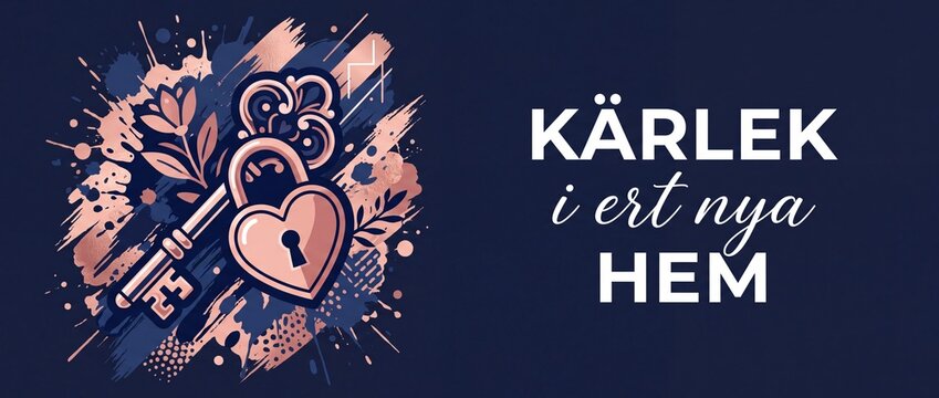 Heart padlock key Swedish housewarming card with rose gold lock illustration and "K&auml;rlek i ert nya hem" text, modern artistic vector design with paint splatters on dark blue background banner.