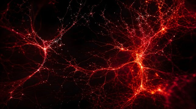 Abstract red background with glowing neural pathways and synaptic connections