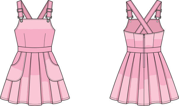 Women pink pinafore dress fashion sketch technical drawing template design isolated