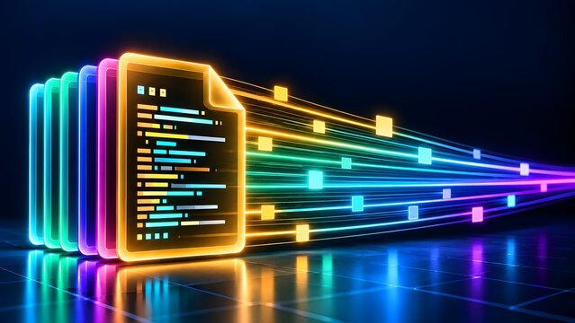 Glowing neon digital document icon with code emitting streams of light in a dark cyberspace environment