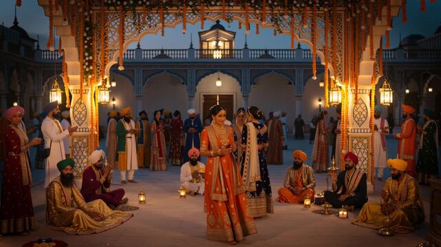 Devout Sikhs gather at historic shrine for evening celebration under glowing lanterns