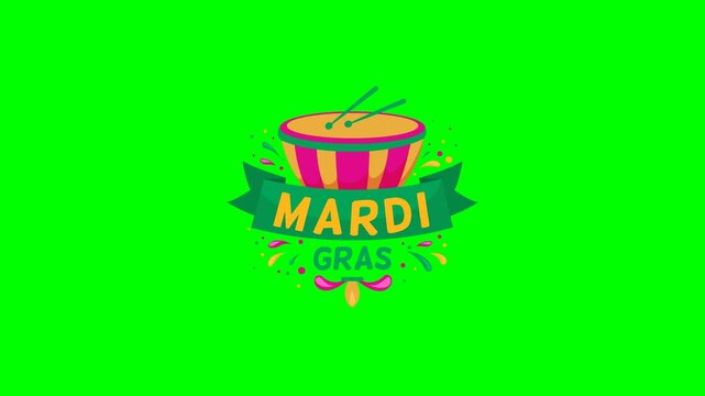 Mardi Gras drum animation with festive text on green screen background