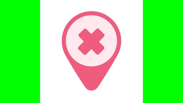 Wrong location map pin icon with cross mark on green screen
