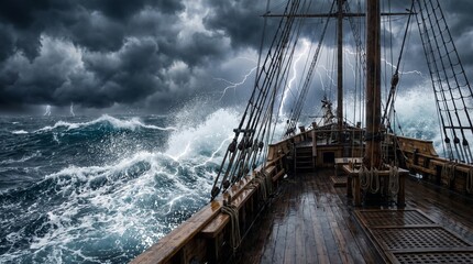 Obraz premium Massive waves crash against the hull under dark, thunderous clouds lit by lightning strikes. Ocean spray glitters in the dim light