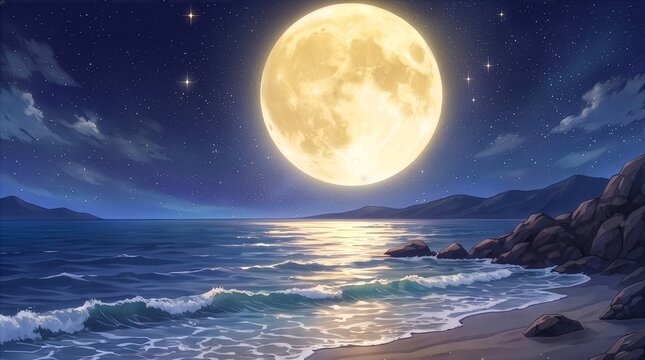 4K Full moon and ocean background, Moonlight reflecting on the sea and wave illustration