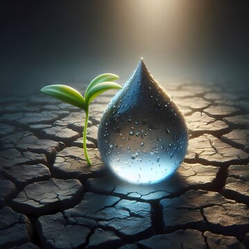 A conceptual image of a single, large raindrop falling onto a dry, cracked earth, with a tiny green sprout emerging from the moisture, Ai generated image
