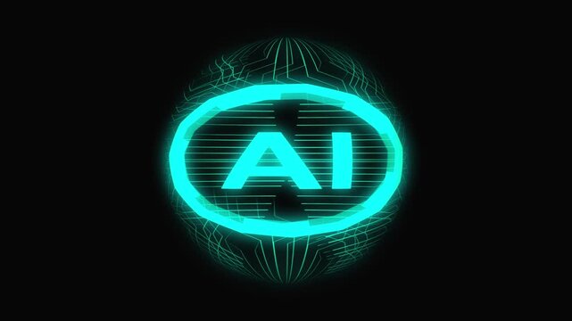 Glowing AI text sits inside an egg shape with circuit patterns. Futuristic artificial intelligence computing powers the AI text. Machine learning neural data routes around the glowing AI text.