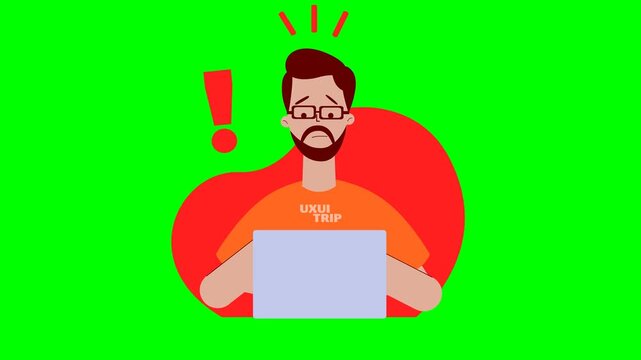 Animated man using laptop facing error and success on green screen
