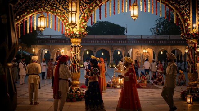 Devotees gather for evening prayer ceremony at decorated courtyard during Sikh festival celebration